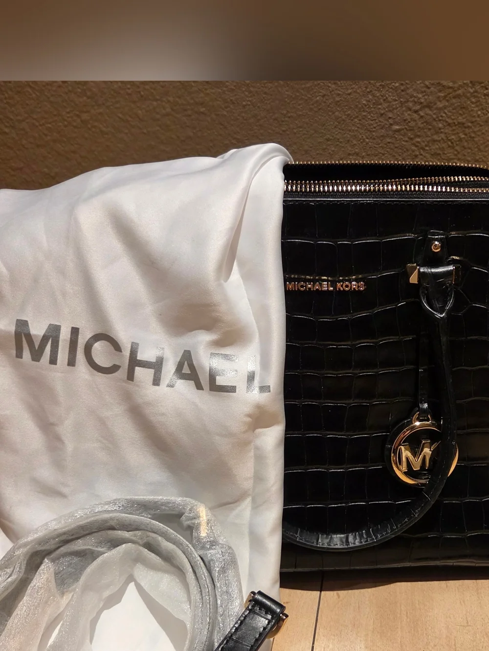 Michael Kors Black Croc-Embossed Leather Satchel with Gold Hardware